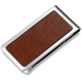 Metal Chrome Plated Money Clip w/ Brown Genuine Leather